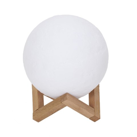 Lampka biurkowa Yoru no iro w kształcie kuli na krzyżakowej drewnianej podstawie.