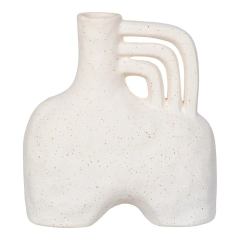 Jasny, nakrapiany wazon ceramiczny Mudai o nieregularnym kształcie i potrójnym uchu na białym tle.
