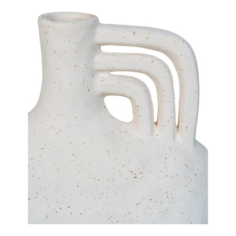 Detal potrójnego ucha i matowej struktury ceramicznej wazonu japandi Mudai z ciemnymi kropkami.