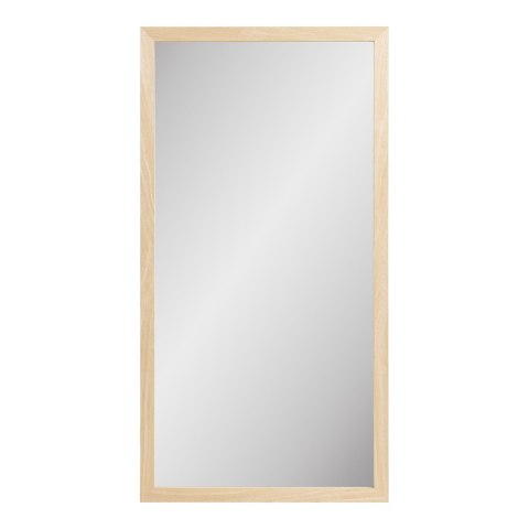 Minimalistyczne lustro wiszące Mori Noe II w prostokątnej ramie z jasnego drewna na białym tle.