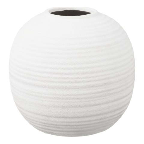 Biały okrągły wazon ceramiczny En z poziomymi prążkami strukturalnymi na jasnym tle.