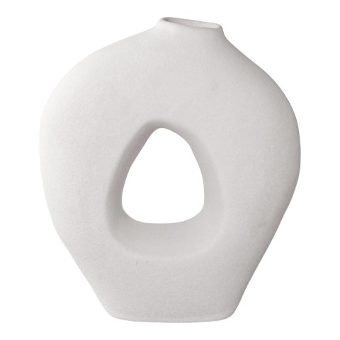 Biały ceramiczny wazon Iwaku o spłaszczonym kształcie z organicznym otworem na jasnym tle.