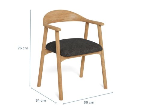 Schemat techniczny krzesła Kakoshi II z naniesionymi wymiarami: wysokość 76 cm, szerokość 56 cm, głębokość 54 cm.