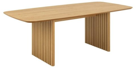 Prostokątny dębowy stół Kaisei I 220 cm z zaokrąglonymi rogami i dwiema ryflowanymi nogami na białym tle.