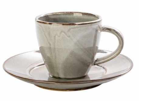 Szara filiżanka do kawy Guren I ustawiona na dopasowanym porcelanowym spodku o wysokim połysku na białym tle.