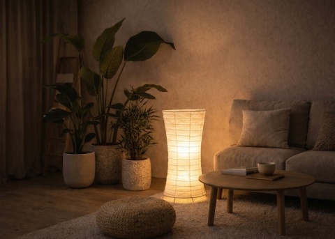 Lampa podłogowa lampion Haku Sei w salonie na podłodze – ciepłe światło