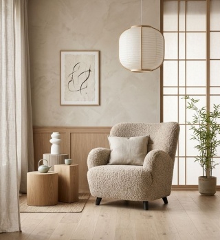 Tapicerowany fotel boucle japandi Kuriku - 86x84 cm
