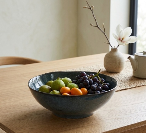 Granatowa ceramiczna misa japandi Midori IV  wypełniona owocami