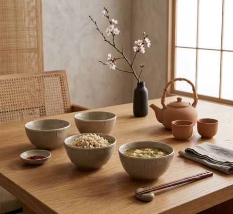 Beżowe miski ceramiczne japandi Shusho I z jedzeniem na drewnianym stole obok czajnika w japońskim stylu.