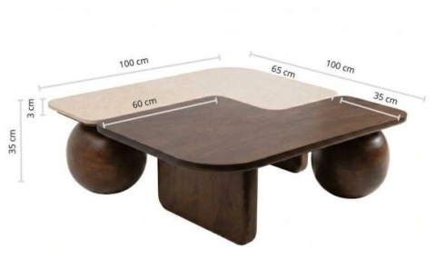 Grafika techniczna z wymiarami stolika Kaizen: wysokość 32 cm, szerokość 100 cm i głębokość 100 cm.