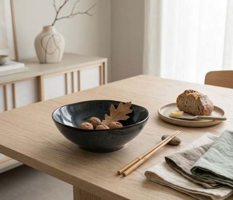Ciemnogranatowa ceramiczna misa japandi Kaigun III z orzechami na drewnianym stole obok talerzyka z pieczywem i lnianej serwety.