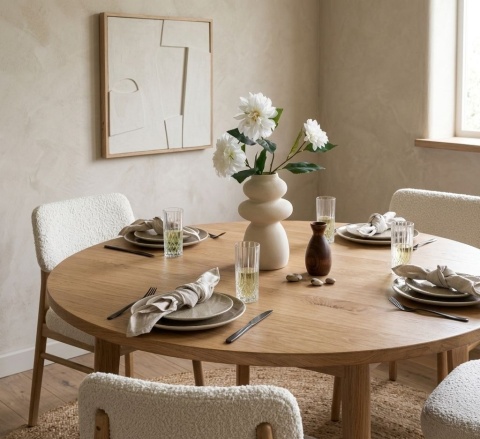 Beżowe talerze ceramiczne japandi Shusho III wyłożone na okrągłym drewnianym stole w jasnej, minimalistycznej jadalni.