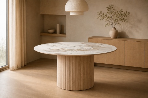 Okrągły stół ceramiczny japandi do jadalni