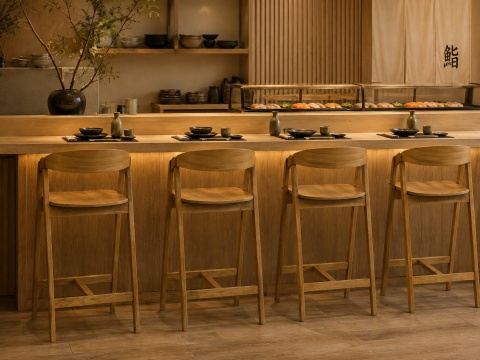 Hoker dębowy Aori Natural w restauracji sushi przy barze