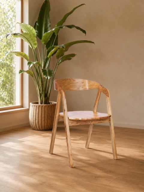 Krzesło dębowe Aori Natural Oak z rośliną doniczkową w tle