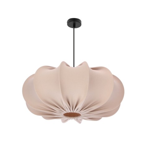 Lampa wisząca japandi Hanae Hada z beżowym abażurem na białym tle.