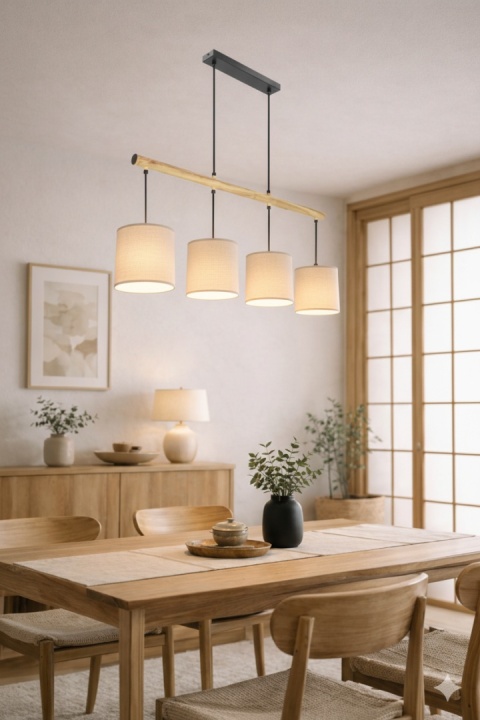 lampa wisząca japandi Rei Yon nad stołem w aranżacji z drewnianymi meblami