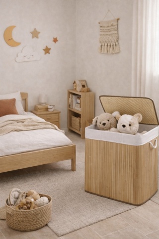 Kosz na pranie bambusowy 3 komory 150L Wakeru z pokrywą