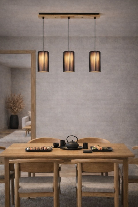 lampa wisząca japandi czarna Yogiri III nad stołem w minimalistycznej aranżacji