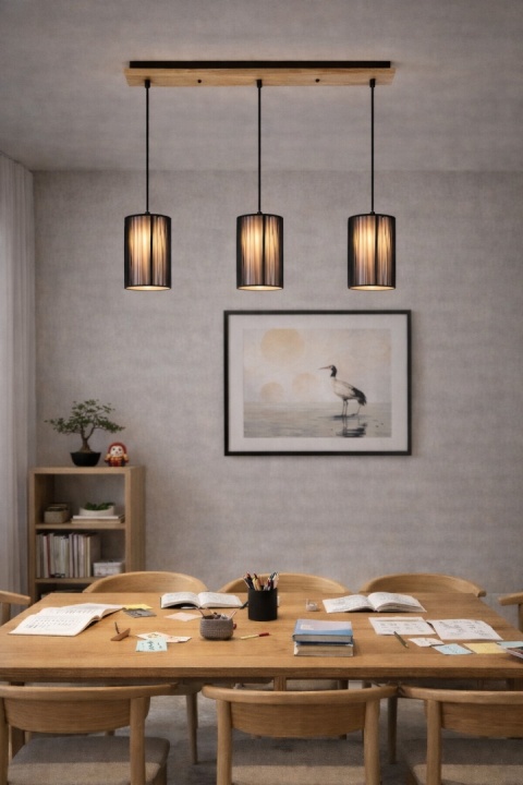 lampa wisząca japandi czarna Yogiri III nad stołem w jadalni
