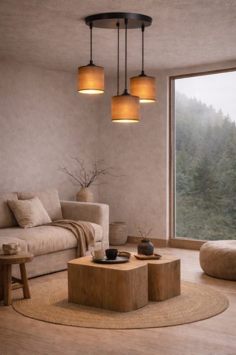 Lampa wisząca rattanowa Kurumi III w salonie w aranżacji japandi