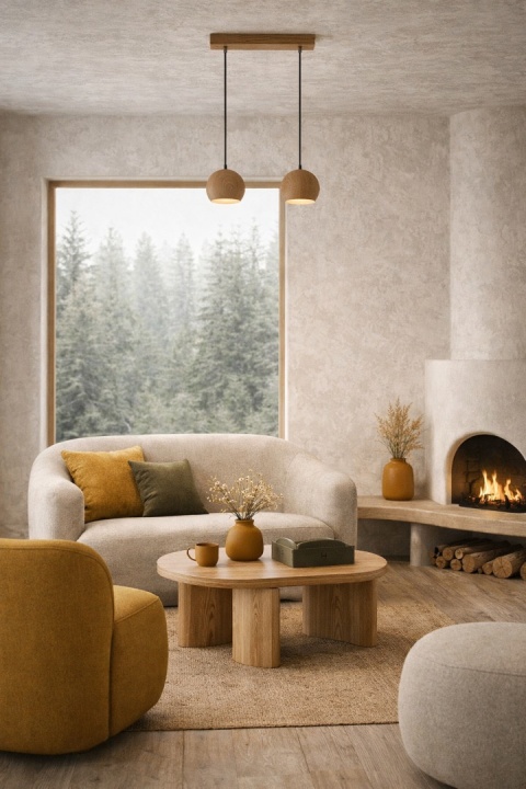 lampa wisząca japandi drewniana Tama II w salonie nad stolikiem kawowym