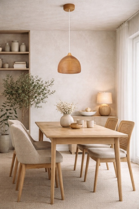 lampa wisząca japandi drewniana Donguri I nad stołem w jadalni
