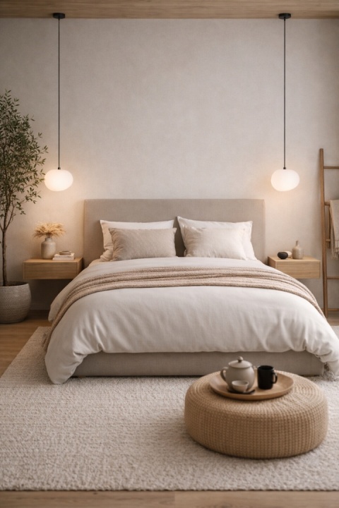 lampa wisząca japandi Nagare 20 cm w sypialni nad stolikiem nocnym