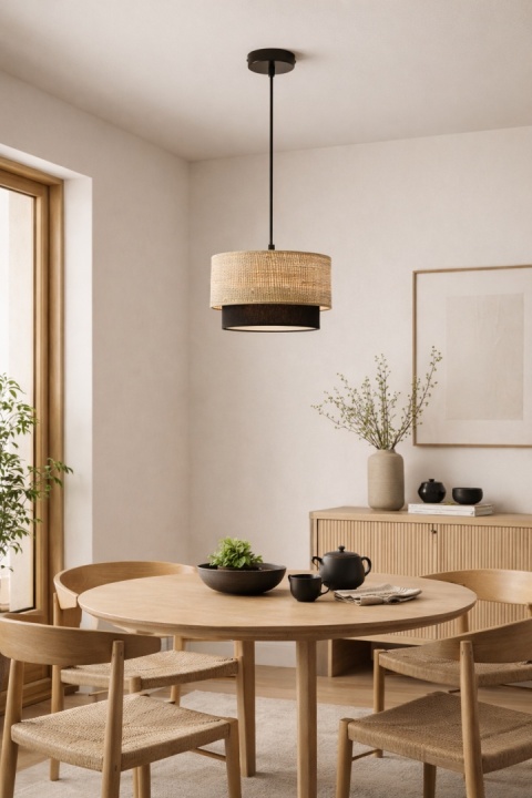 lampa wisząca japandi rattanowa Kagehikari nad stołem w jadalni