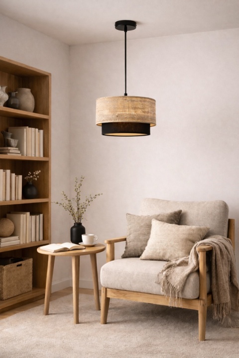 lampa wisząca japandi rattanowa Kagehikari w salonie przy fotelu