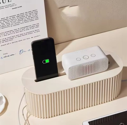 Beżowy organizer Kaba na biurku służący jako podstawka pod ładowany telefon i mały głośnik.