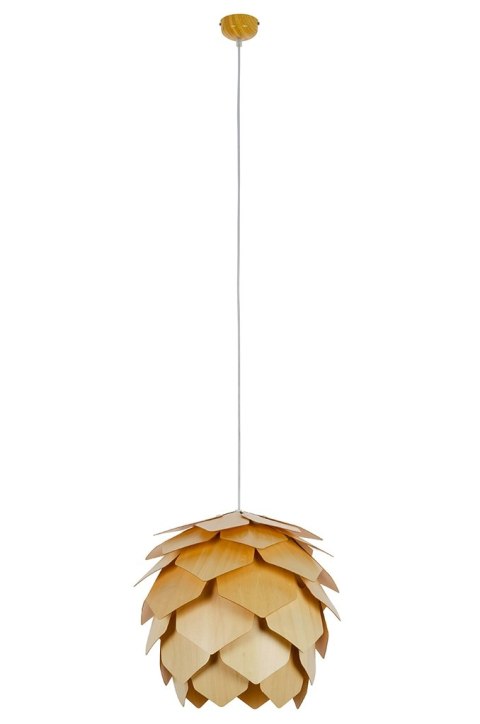 lampa wisząca drewniana japandi szyszka na białym tle