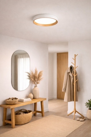 Lampa sufitowa japandi biała z drewnem Hoshi Sora