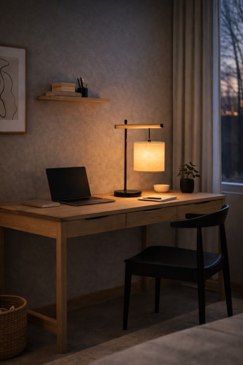 lampa stołowa japandi rei teburu na biurku przy oknie