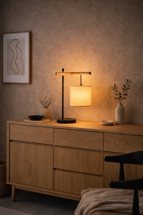 lampa stołowa japandi rei teburu na komodzie w salonie