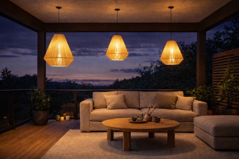 Lampa wisząca rattanowa Asa w salonie japandi wieczorem