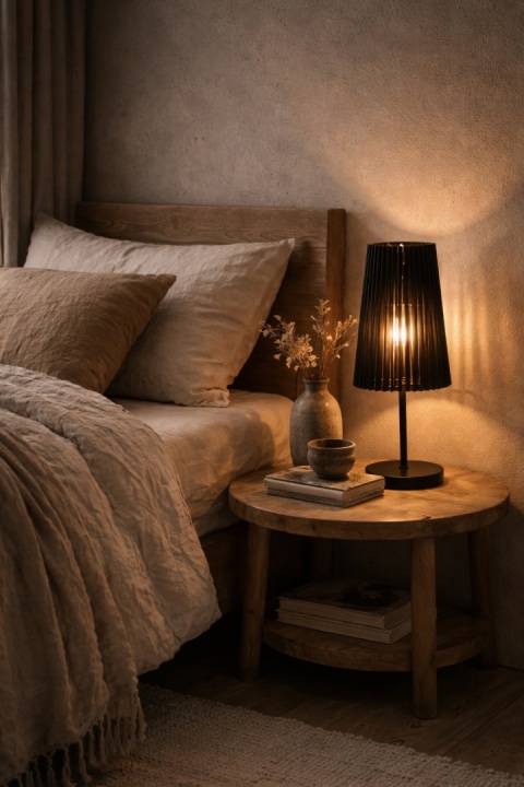 Lampa stołowa czarna Komorebi Teburu jako lampka nocna w sypialni