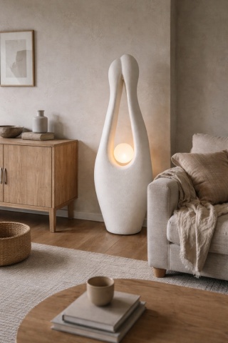Rzeźbiarska lampa podłogowa japandi biała Shiroha