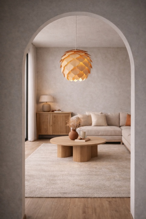 lampa drewniana ażurowa nad stół japandi
