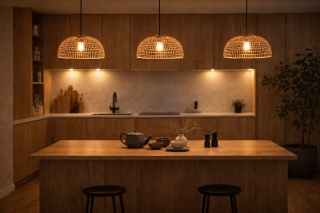 Lampa wisząca rattanowa japandi beżowa nad stół Yamori