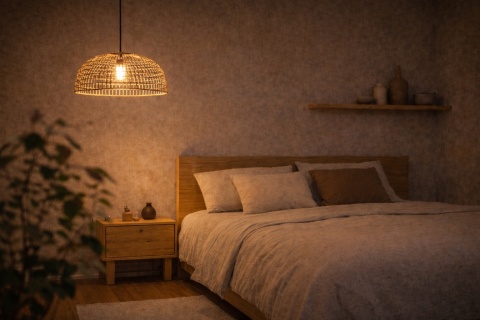 Lampa wisząca rattanowa Yamori w sypialni - ciepłe światło