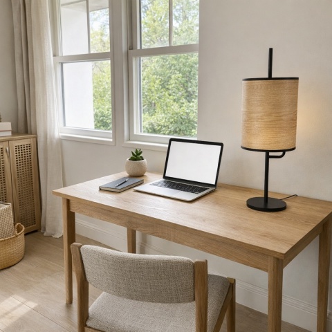 Lampa stołowa japandi Arashi Teburu na biurku przy oknie