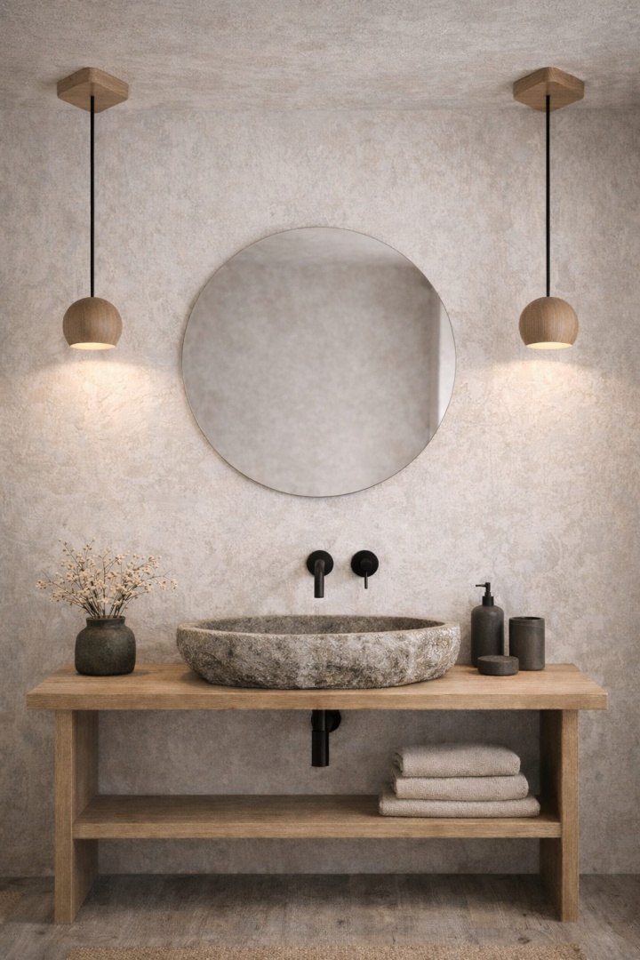 lampa dębowa Tama w łazience w stylu japandi